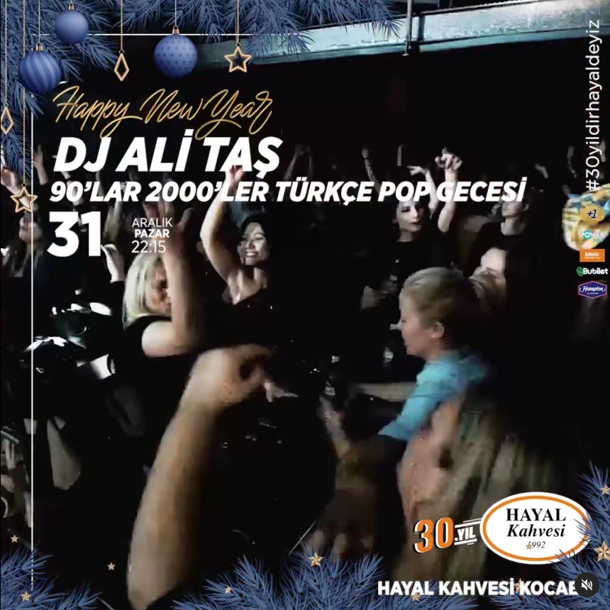 2024 yeni yıla eğlence dolu bir yılbaşı partisiyle merhaba demek isteyenler için Hayal Kahvesi Kocaeli “Yılbaşı Özel DJ Ali Taş 90’S & 00’S Türkçe Pop” programı sizleri bekliyor. 31 Aralık Pazar 22:15’de Kocaeli Hayal Kahvesi Canlı Performans sahnesinde ! Bilgi ve Rezervasyon için 0 555 883 00 41 - 0 533 638 80 41 Etkinlik alanı,Sosyal mesafe kurallarına uygun olarak ayarlanmıştır . Diğer etkinliklerden haberdar olmak ve etkinlik takvimini görmek için www.hayalkahvesi.com.tr Rezervasyonlar konser saatinden yarım saat önce 20.30'da iptal edilir. Misafirlerimizin 21:30’a kadar mekana giriş yapmaları gerekmektedir. Dışarıdan yiyecek ve içecek getirmek, işletme kuralları gereği yasaktır. Doğum günü vb özel gün kutlamaları için Restoran bölümü hizmetinize açıktır. Özel gün kutlamaları için önceden rezervasyon yapılması gerekmektedir. Profesyonel Fotoğraf Makinesi ve Profesyonel Video Kaydedici ile giriş yasaktır. Basın mensuplarının konserden en az 1 gün önce akredite olmaları gerekmektedir. Sorularınız, Görüş ve Önerileriniz için mail adresimiz: kocaeli@hayalkahvesi.com.tr Adres: Symbol Avm İzmit/Kocaeli Otopark ve Vale Hizmeti Mevcuttur.>
