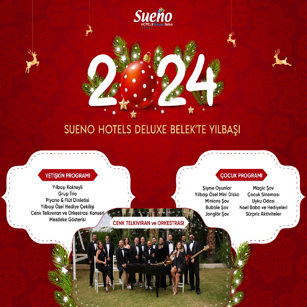 2024 yeni yılı Antalya Belek'te muheşem bir yılbaşı otel programıyla karşılamak için Sueno Hotels Deluxe Belek'e davetlisiniz. Hem yetişkin hem çocuk misafirler için dopdolu yılbaşı programlarıyla 2024'e bomba gibi bir giriş yapmak için hemen yerinizi ayırtın! Sueno Hotels Deluxe Belek Yılbaşı Programı 2024: Yılbaşı Kokteyli Grup Trio Piyano & Flüt Dinletisi Yılbaşı Özel Hediye Çekilişi Cenk Telkıvıran ve Orkestrası Yılbaşı Konseri Mezdeke Gösterisi