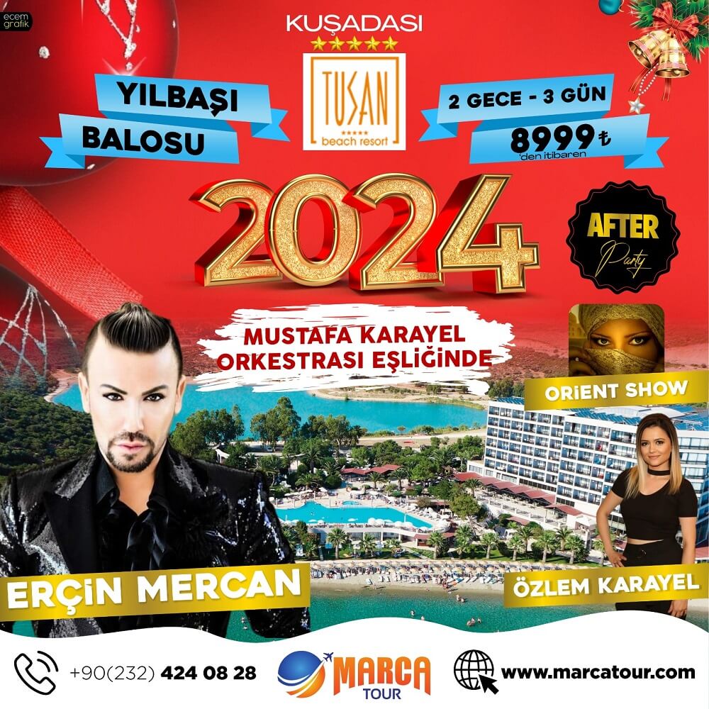 Tusan Beach Resort Yılbaşı Programı 2024 İZMİR’İN EN İYİ SAHNE PERFORMANS SANATÇISILARI ÖZDERE’NİN EN İYİ OTELİNDE BULUŞUYOR. MUHTEŞEM SAHNESİ İLE ERÇİN MERCAN & ÖZLEM KARAYEL FASIL ORİENT SHOW 2024 TERAS AFTER PARTY 2024’e Kuşadası`nın En güzel otellerinden TUSAN DELUXE OTEL de Muhteşem organizasyonlarla merhaba diyoruz. Kuşadası’nın en tanınmış otellerinden Lobiden odalarına kadar tamamı yenilenmemiş haliyle 5* TUSAN BEACH RESORT otelimizde Yılın son günlerinde hatıralarınızdan silinmeyecek muhteşem bir Yılbaşı Balosunda siz değerli misafirlerimizi MARCA TOUR olarak ağırlamanın mutluluğu içerisindeyiz. + NEW YEAR AFTER PARTY HEDİYEMİZDİR * Teras’ta Muhteşem Manzara eşliğinde denize karşı AFTER PARTY * Dj Set up Show (80’ler 90’lar yılların partisi) * Ateş varilleri eşliğinde sınırsız sıcak şarap & bira & sucuk ekmek ikramı 30/12/2023 HERŞEY DAHİL KONAKLAMA * 12.00’den itibaren otele giriş * 12.30 – 14.00 Açık Büfe Öğle Yemeği * 12.00 – 24.00 Yerli Alkollü ve Alkolsüz İçecekler (Lobi Bar) * 17.00 – 18.00 Çay Kahve Kurabiye Servisi * 19.00 – 21.00 Açık Büfe Akşam Yemeği 31/12/2023 HERŞEY DAHİL KONAKLAMA * 07.00 – 10.00 Açık Büfe Kahvalt * 10.00 – 24.00 Yerli Alkollü ve Alkolsüz İçecekler (Lobi Bar) * 13.00 – 14.30 Açık Büfe Öğle Yemeği * 17.00 – 18.00 Çay Kahve Kurabiye Servisi * 20.00 – 01.00 Yılbaşı Gala Yemeği (Efe Rakı verilecektir) * 00.30 – 02.30 Teras Eğlencesi 01/01/2024 HERŞEY DAHİL KONAKLAMA * 08.00 – 13.30 Açık Büfe Brunch * 10.00 – 13.30 Yerli Alkollü ve Alkolsüz İçecekler (Lobi Bar) * 13.30 Otelden çıkış Tusan Beach Resort Yılbaşı Menüsü SERPME MEZELER Limon Dilimleri ve Marul Yaprakları Eşliğinde Çiğ Köfte Bahçe Söğüş Tabağı ORDÖVR TABAĞI Beyaz Peynir, Kaşar peyniri, Domates-Salatalık Söğüş, Limon Dilimleri Arasında Zeytinyağlı Yaprak Sarma, Zeytinyağlı Lahana Sarması, Haydari, Kaparili Rus Salatası, Nar Ekşili Antep Ezme, Tane Karabiberli Lahana Yatağında Dana Jambon, Tane karabiberli Roastbeef ARA SICAK TABAĞI Ispanaklı Krep Kaşar Pane Kremalı Tavuklu Volovan SALATA Dört Mevsim Salata Mısır Taneli Nar Ekşili Sos Eşliğinde ANA YEMEK Dömi Glas Sos Eşliğinde Hindi Madalyon İç Pilav Sebze Buketi Ayva Dilimli Fırın Patates MEVSİM MEYVELERİ TABAĞI Portakal, Mandalina, Elma, Nar, Kivi YENİ YIL PASTASI Çikolatalı ve Muzlu Yılbaşı Pastası GECENİN SONU Ekşili Düğün Çorbası 01 OCAK 2024 ZENGİN AÇIK BÜFE KAHVALTI VE BRUNCH SICAK & SOĞUK İÇECEKLER Çay, kahve, Sıcak ve Soğuk Süt, Konsantre Meyve Suları (Portakal, Vişne, Elma) SICAK YİYECEKLER Çiçek Sosis Tava, Sucuk Tava, 5 Dk. Haşlanmış yumurta, Omlet Şov, Fırında Kaşarlı Domates, Menemen, Peynirli & Ispanaklı Tepsi Böreği, Patates Sote, Mantar Sote, Tarhana Çorbası, Sigara Böreği, Peynirli Tost, Yumurtalı Ekmek, Pişi, Nohutlu Tavuklu Pirinç Pilavı, Cız Biz Izgara köfte, Patates Cips, Natürel Sebze Sote, Napoliten Sos ve Kaşar Peynir Eşliğinde Spagetti KAHVALTI FIRINIMIZ Mini Peynirli Poğaça, Sosisli Poğaça, Açma, Simit, Çavdarlı Ekmek, Kepek Ekmeği, Mısır Ekmeği, Dere Otlu Mini Rulo Ekmek, Çiçek Ekmek, Kuruvasan, Mini Pizza, Üzümlü Kek, Portakallı Kek, Paskalya Çöreği PEYNİR & ŞARKÜTERİ Beyaz Peynir, Kaşar Peyniri, Tulum Peyniri, Köy Peyniri, Çeçil Peyniri, Salam, Dana Jambon, Tavuk Jambon, Tereyağı, Siyah Zeytin, Yeşil Zeytin, Limon Dilimli Yeşil Zeytin, Kokteyl Zeytin, Kekikli Sele Zeytin, Çingene Pilavı (Çökelek Peyniri, Domates, Yeşil Biber) SALATA & SÖĞÜŞ Domates, Salatalık, Kırmızı Biber, Yeşil Biber, Marul Yaprakları, Larossa Marul, Beyaz Peynirli Çoban Salata REÇEL & MARMELAT & KOMPOSTO & YOĞURT & MÜSLİ Portakallı Yoğurt, Vişneli Yoğurt, Sade Yoğurt, Çilek Reçeli, Vişne Reçeli, Ayva Reçeli, Gül Reçeli, Elma Marmelatı, Süzme Bal, Tahin, Pekmez, Karanfilli Elma Kompostosu, Şeftali Kompostosu, Çikolatalı Fındık Kreması, Bebe Bisküvisi, Petit Beurre Bisküvi, Kakaolu Gofret, Misir Gevreği, Ballı Mısır Gevreği, Yulaf Ezmesi, Çikolata Topları 19:00 - 23:00 arası çocuklara özel salonda eğlence 2023-2024 Yılbaşı Özel Çocuk Büfesi Mercimek Çorbası Domates Söğüş, Salatalık Söğüş, Rus Salatası, Yoğurt Izgara Köfte, Parmak Patates Tava, Çiçek Sosis Tava, Peynirli Sigara Böreği, Penne Makarna, Domates Sos Ve Kaşar Peynir Eşliğinde Vanilyalı, Çikolatalı,muzlu Ve Çilekli Puding, Mozaik Pasta, Mevsim Meyveleri İzmir Aria Claros Beach & Spa Resort Yılbaşı Program Detayı * Yılbaşı Programı 30-12-2023 /01-01-2024 aralığında 2 gece 3 gün, HERŞEY DAHİL KONAKLAMA * Otele giriş günü 30-12-2023 saat 13.00 – 14.30 arası AÇIK BÜFE ÖĞLE YEMEĞİ başlar. * 31 Aralık Gala Salonunda LİMİTSİZ İÇKİLİ+ZENGİN MENÜLÜ Yılbaşı Galası düzenlenecek olup, * Muhteşem Orkestrası ve ÖZLEM KARAYEL 20:00 – 22:00 arasında sahne alacaktır. * İzmir’in sahnelerinin trompetiyle ünlü sanatçısı ERÇİN MERCAN saat 22:30 – 01:00 arası sahne alacaktır. * 00:30 – 02:30 arası Otelimizde Muhteşem TERAS AFTER PARTY Düzenlenecektir * Orkestra toplamda 5 kişiden oluşmaktadır + ORİENT SHOW programa dahildir. * Yılbaşı ertesi Zengin Menüden oluşan BRUNCH (08:00 – 13:30) fiyata dahildir. * Her Şey Dahil Konseptinde KAPALI HAVUZ, HAMAM, SAUNA FİTNESS CENTER Ücretsizdir * 0 – 12 Yaş arası çocuklar Gala ’da ki oturma düzeni yerine, kendilerine ait düzenlenmiş salonda, çocuklar için ayrı açık büfe, Eğitici, Öğretici, Eğlendirici Aktiviteler, Çocuk Sineması, Boyama, Disco vb. düzenlenecektir. * Ailelerin 0-12 yaşa kadar olan çocukları için, gala da yanlarında oturma düzeninde, yeri olmasını istemeleri halinde her çocuk için yetişkin statüsünde fiyatlandırma uygulanır. Çocuk salonunda ücretsiz katılım 0-12 yaş grubu çocuklar için geçerlidir. Tusan Beach Resort Yılbaşı Program Fiyatlandırma C KATEGORİ ANA BİNA TURUNCU FİYATLANDIRMA İKİ KİŞİLİK ODADA KİŞİ BAŞI KARA MANZARALI 8.999 TL İKİ KİŞİLİK ODADA KİŞİ BAŞI DENİZ MANZARALI 9.499 TL * 1.ÇOCUK (0-12 YAŞ) FREE * 2.ÇOCUK (0-5 YAŞ) FREE * 2.ÇOCUK (6-12 YAŞ) %50 B KATEGORİ ANA BİNA MAVİ FİYATLANDIRMA İKİ KİŞİLİK ODADA KİŞİ BAŞI KARA MANZARALI 9.499 TL İKİ KİŞİLİK ODADA KİŞİ BAŞI DENİZ MANZARALI 9.999 TL * 1.ÇOCUK (0-12 YAŞ) FREE * 2.ÇOCUK (0-5 YAŞ) FREE * 2.ÇOCUK (6-12 YAŞ) %50 A KATEGORİ ANA BİNA KIRMIZI FİYATLANDIRMA İKİ KİŞİLİK ODADA KİŞİ BAŞI KARA MANZARALI 9.999 TL İKİ KİŞİLİK ODADA KİŞİ BAŞI DENİZ MANZARALI 10.499 TL * 1.ÇOCUK (0-12 YAŞ) FREE * 2.ÇOCUK (0-5 YAŞ) FREE * 2.ÇOCUK (6-12 YAŞ) %50 *çocuk fiyatları iki yetişkin yanında geçerlidir. 1 yetişkin 1 çocuk oda konaklamalarında 2 kişilik ücret ödenir>