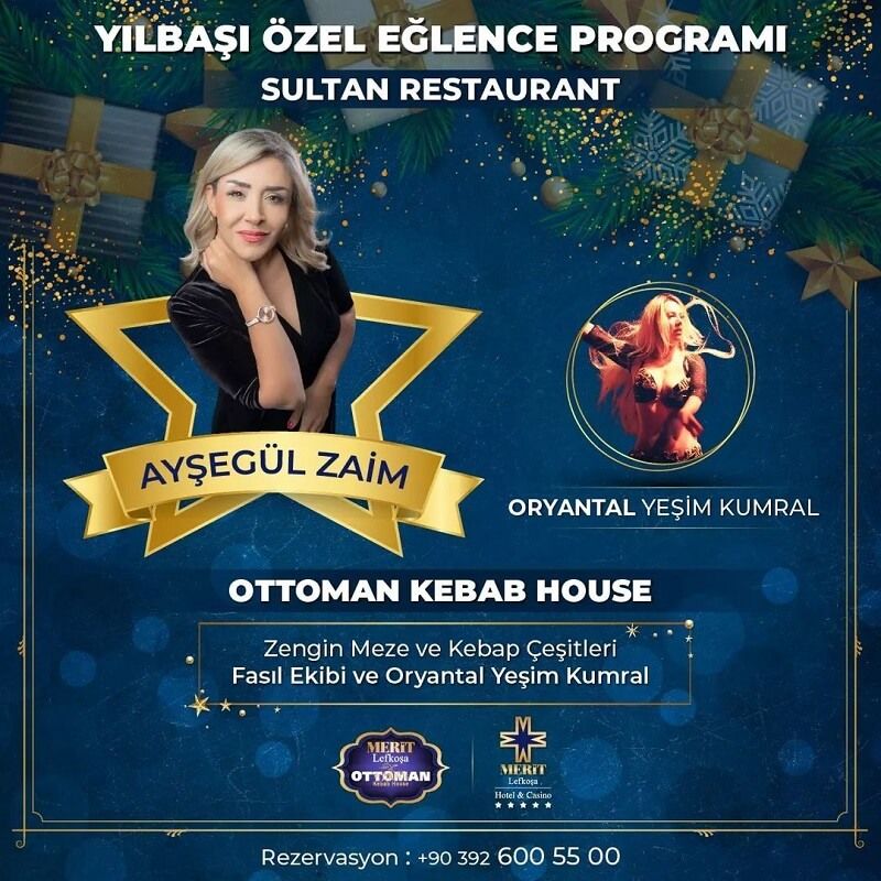 Kıbrıs yılbaşı 2023 otelleri arasında muhteşem 2023 yılbaşı otel programı, leziz yılbaşı menüsü lezzetleri ve özel sahne showları ile Merit Lefkoşa Hotel'de sizleri bekliyor. Merit Lefkoşa Hotel Yılbaşı Programı 2023'te Ayşegül Zaim'in eşsiz sesinden yılbaşı özel sahne performansı, Oryantal Yeşim Kumral dans gösterisi ve tadı damağınızda kalacak özel yılbaşı lezzetleriyle yeni yıla coşku dolu bir merhaba demeye davetlisiniz.