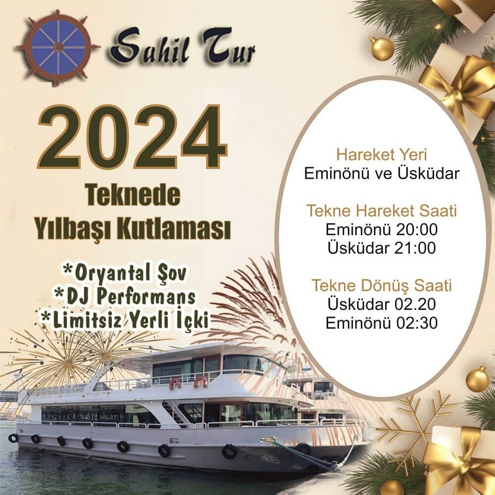 Lezzetli Yemekler, Canlı Müzik, Heyecan Dolu Anlar! Bu özel gecede, 2024 Yılbaşı Balosu'nda unutulmaz bir deneyim sizleri bekliyor. İşte gecenin dolu dolu programı: Yemek Müzikleri: Şeflerimizin özenle hazırladığı lezzetli yemekler eşliğinde, damak zevkinize hitap eden bir gala sofrası sizi bekliyor. Canlı Müzik Orkestrası: Gecenin ritmi, usta müzisyenlerin performansıyla yükselecek. Canlı müzik orkestramız, dans etmek ve eğlenmek için sizi bekliyor. Yılbaşı Özel Çekilişi: Büyük sürprizlerin yer aldığı özel çekilişimizde, şanslı katılımcılarımıza unutulmaz hediyeler dağıtılacak. Havai Fişek Gösterisi: Gökyüzünü renklendirecek muazzam bir havai fişek gösterisi ile yeni yıla şahane bir başlangıç yapın. Maske ve Şapka Dağıtımı: Gecenin tema renkleriyle uyumlu maske ve şapkalar, eğlencenizi daha da renklendirecek. Oryantal Şov: Usta dansçıların muhteşem oryantal şovlarıyla geceye sıra dışı bir dokunuş katın. DJ Performans: DJ'imizin enerjisiyle dans pistinde gece boyunca coşacaksınız. Limitsiz Yerli İçki: Gecenin keyfini çıkarmak için sınırsız yerli içkilerle kadehleri kaldırın. Hareket Yeri: Eminönü ve Üsküdar. (Teknenin üzerinde SAHİLTUR 2024 YILBAŞI yazacaktır.) Tekne Hareket Saati: 20:00 Eminönü İskelesi'nde binişler başlar. 21:00 Üsküdar'dan teknenin kesin kalkışı gerçekleşir. Tekne Dönüş Saati: 02:20 Üsküdar'da sona erer. 02:30 Eminönü'nde bitiş. 2024'ü Boğaz'ın En Güzel Teknesinde Karşılayın! Sahiltur 2024 Yılbaşı Parti Programı için yerler sınırlıdır. Bu özel deneyimi kaçırmamak için lütfen rezervasyon yaptırınız. Rezervasyon İçin: (0 212) 323 51 04 Grup Rezervasyonu İçin WhatsApp: (0 532) 653 41 45