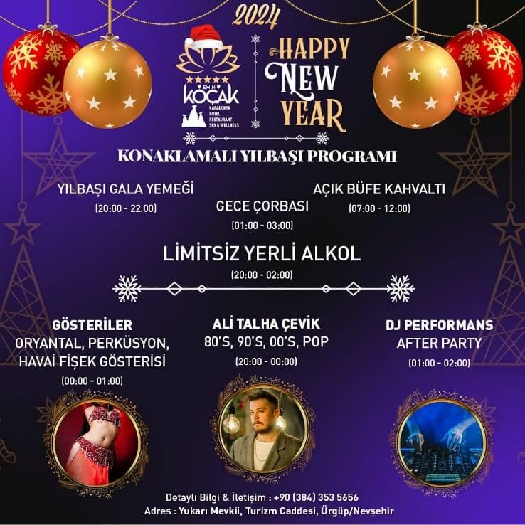 Kapadokya Emin Koçak Hotel'de sizi muhteşem bir gece bekliyor... Ali Talha Çevik'in ruhu okşayan sesiyle, Ritmi yüksek oryantal ve perküsyon gösterileriyle, Göz kamaştırıcı havai fişek gösterilerle, Ve after party'de enerji dolu DJ performansıyla!>