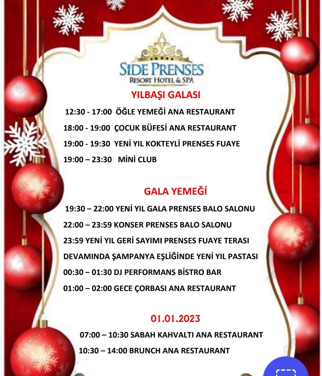Side Prenses Resort Hotel & Spa yılbaşı programı