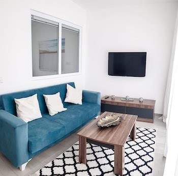 Modern oturma odası, mavi kanepe, TV ve ahşap mobilya.